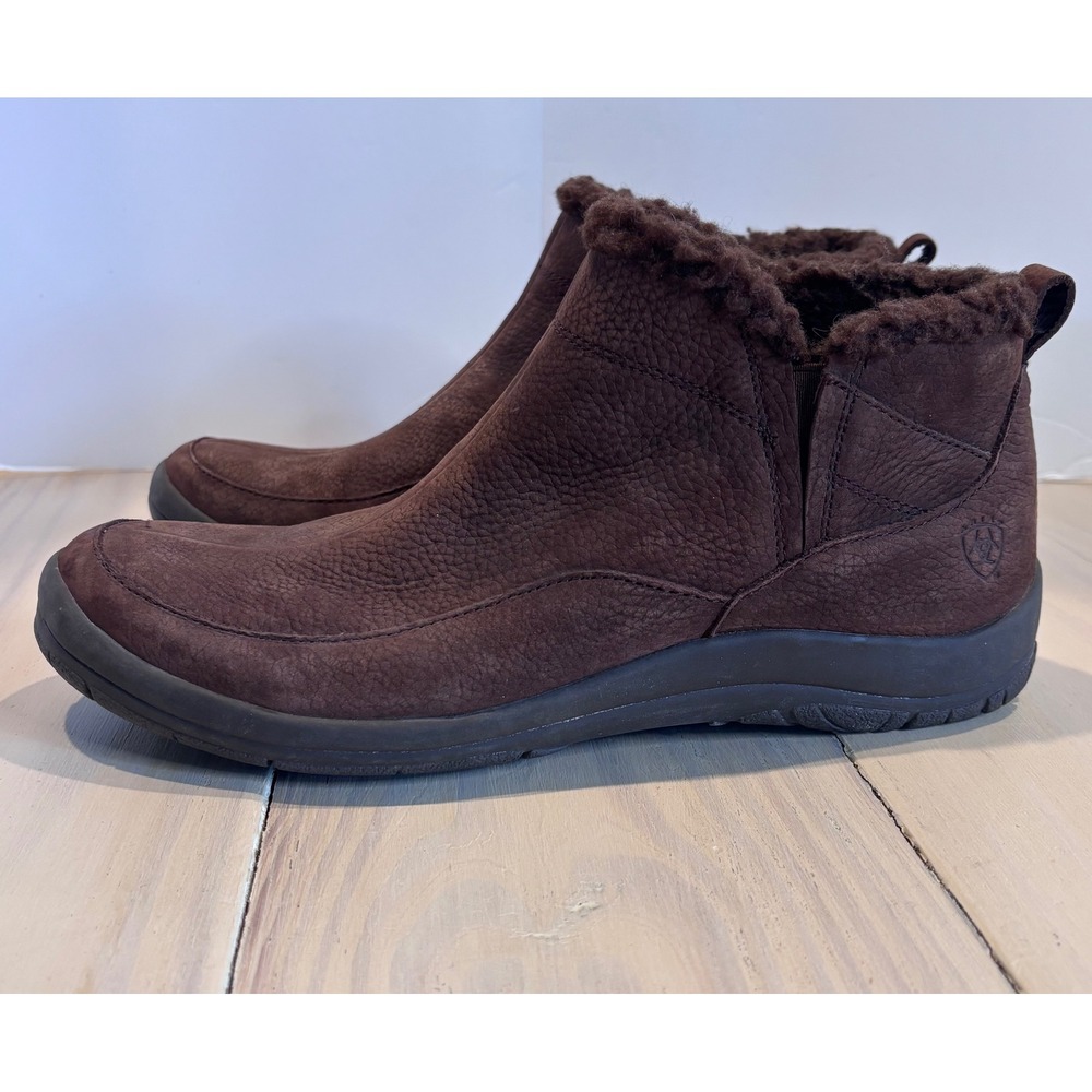 Ariat Brown Leather Faux Fur Lined Ankle Boots Womens 9.5B 10006114 Cowgirl EUC